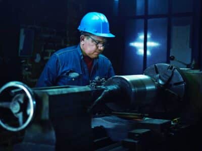 A man working on a lathe in a factory.