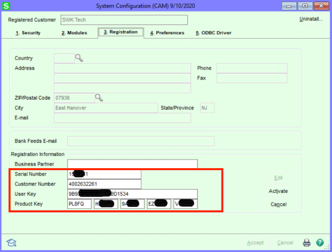 A screenshot of the Library Master screen, showing which fields to update when you are ready to update Sage 100 license at your company.