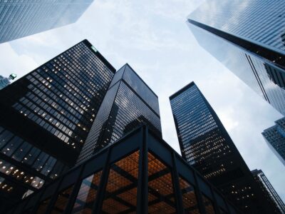 A group of tall buildings in a city.