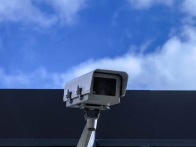 A cctv camera on top of a building.