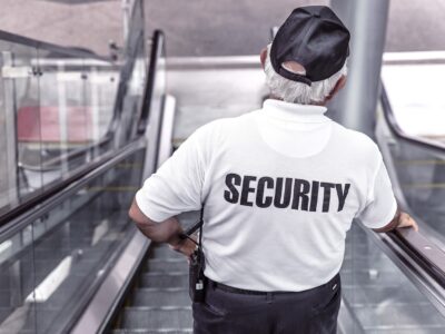 A man is standing on an escalator with the word security written on his shirt.