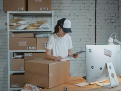 A woman working at a desk in a warehouse.