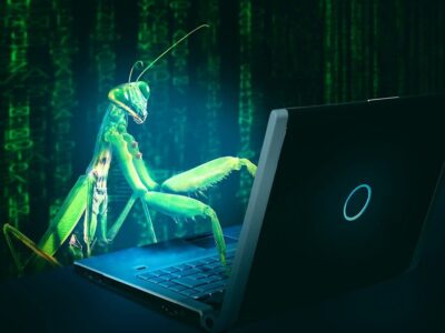 A praying mantis typing on a laptop.