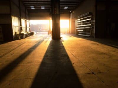 The shadow of a man in a warehouse.