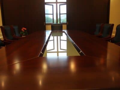 A conference table in a room.