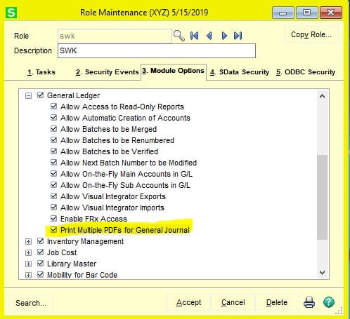 In Sage 100 version 2019 there is a new option in Role Maintenance that allows each user to choose their preference - one file or a file for each entry!