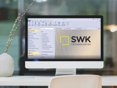 A computer screen with the word SWK on it.