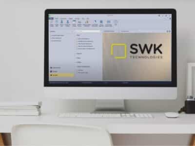 A computer screen with the word SWK on it.