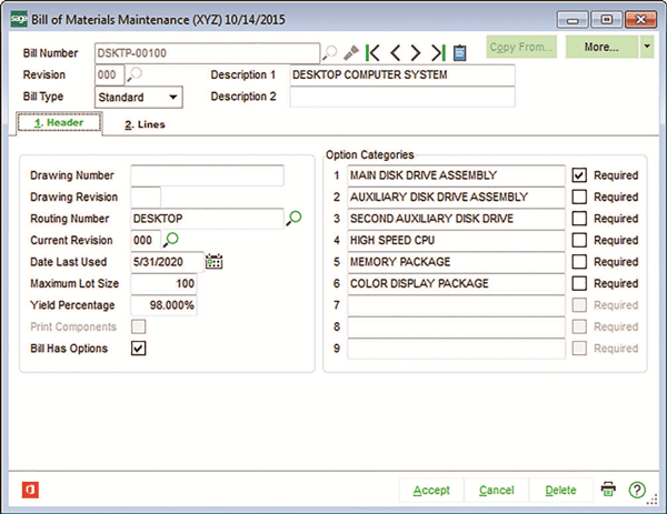 sage 100cloud bill of materials