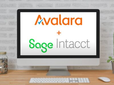 A computer screen with the words avalara and Sage interact.