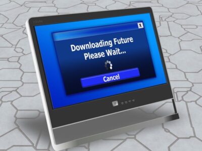 A computer screen that says downloading future please wait.