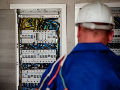A man in a hard hat is standing in front of an electrical panel.