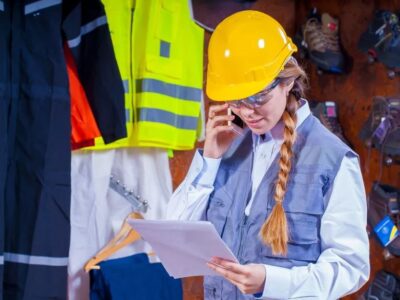 A woman wearing a hard hat and safety glasses is holding a piece of paper.