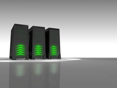 Three server racks with green arrows.