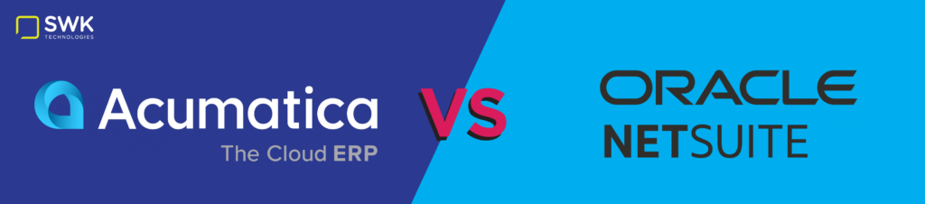 A rectangular banner showing the acumatica logo versus the oracle netsuite logo on a dark blue background and a sky blue background, respectively, with a "VS" symbol in-between