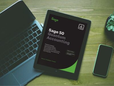 An image of a laptop, tablet and smartphone next to each on a desk, with the tablet screen showing the package details for Sage 50 Quantum which can be hosted in the cloud