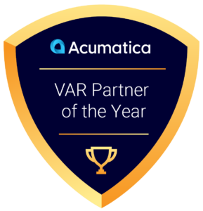 Logo for Acumatica Partner of the Year badge awarded to SWK Technologies, with the logo rendered as a shield with the Acumatica logo featured at the top