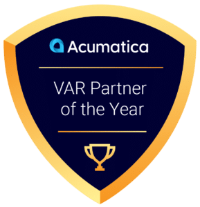 Logo for Acumatica Partner of the Year badge awarded to SWK Technologies, with the logo rendered as a shield with the Acumatica logo featured at the top