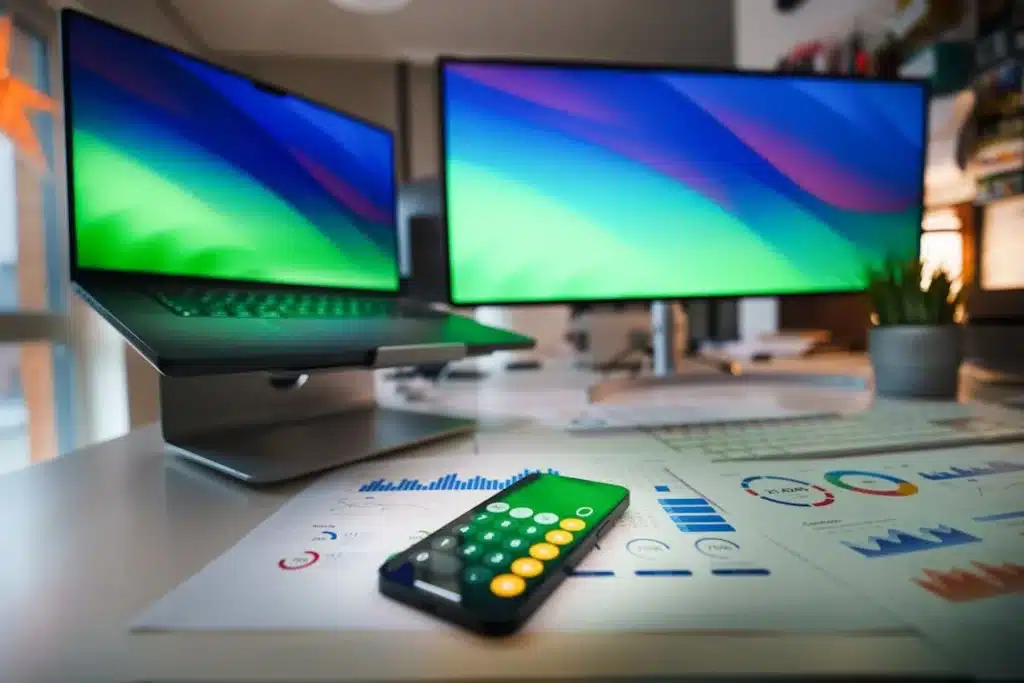 image of two computer screens with papers and smartphone on desk before organization with advanced document management