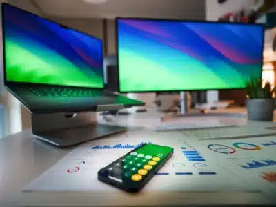 image of two computer screens with papers and smartphone on desk before organization with advanced document management