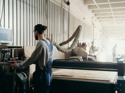 Man working on a computer screen with manufacturing software in an industrial facility.