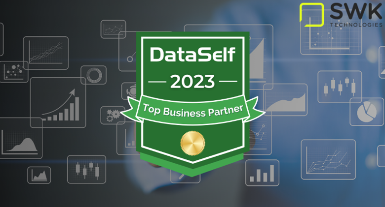 The badge for the DataSelf Top Business Partner for 2023 centered against a black-to-blue background with the SWK Technologies logo in the upper right hand corner
