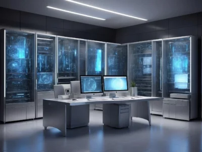 Computer desk in middle of server room hosting Sage 100 in the cloud