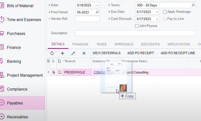 A menu in Acumatica showing a PDF being dragged and dropped into an AP report.