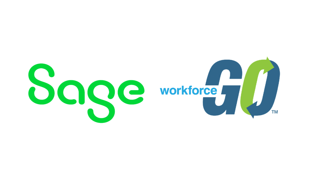The logos of Sage (in green on the left) and Workforce Go (in blue and green with a circular arrow design on the right) side by side, representing their integration partnership.