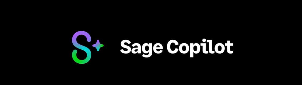 Sage Copilot logo featuring a stylized "S" with purple-to-green gradient and star accent, alongside the text "Sage Copilot" on a black background