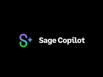 Sage Copilot logo featuring a stylized "S" with purple-to-green gradient and star accent, alongside the text "Sage Copilot" on a black background