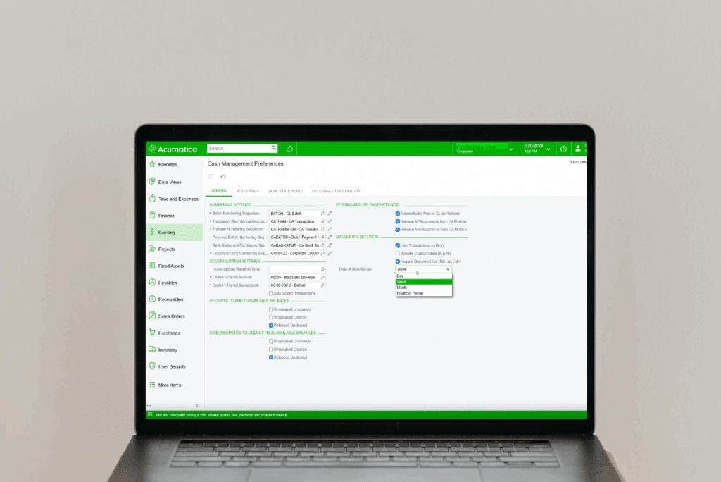 Acumatica Cash Management Preferences configuration screen showing auto-matching settings, posting options, and available balance controls for bank reconciliation setup.