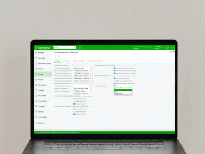 Acumatica Cash Management Preferences configuration screen showing auto-matching settings, posting options, and available balance controls for bank reconciliation setup.