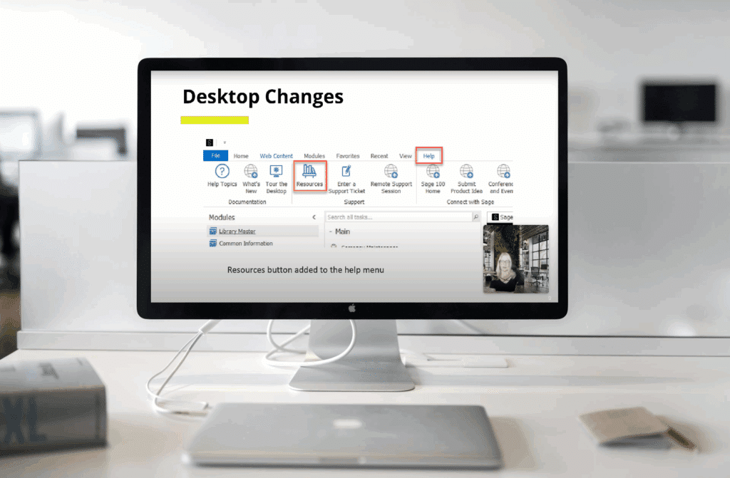Computer monitor displaying Sage 100 desktop interface with Resources button highlighted in red on the Help tab, demonstrating the desktop changes in version 2025.