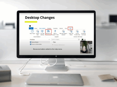 Computer monitor displaying Sage 100 desktop interface with Resources button highlighted in red on the Help tab, demonstrating the desktop changes in version 2025.