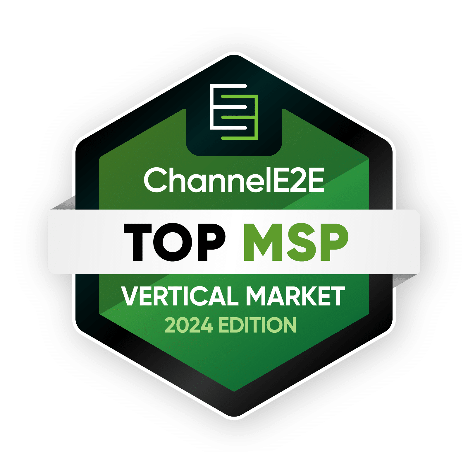 ChannelE2E Top MSP Vertical Market 2024 Edition hexagonal badge logo in green and black colors