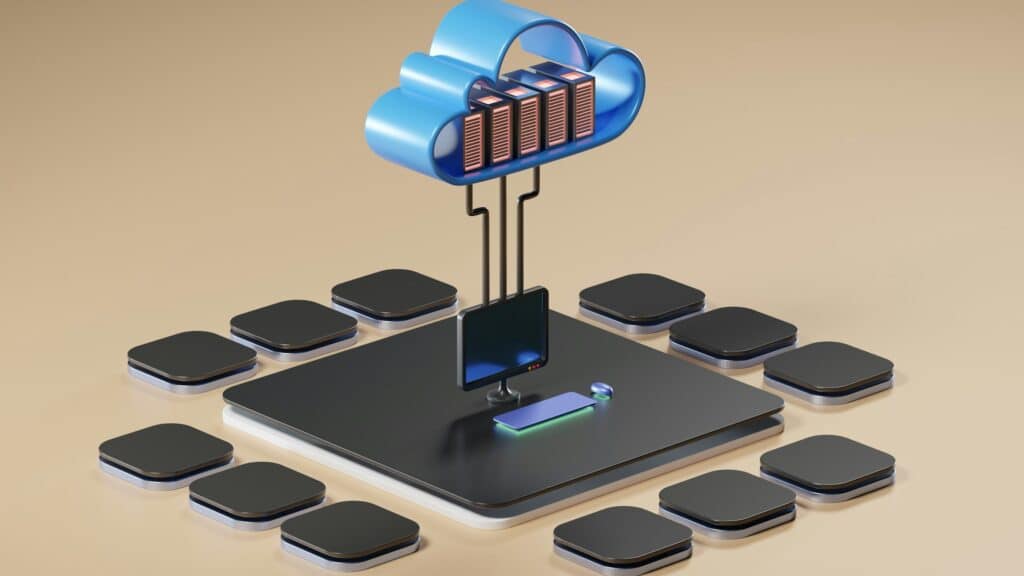 3D illustration showing a central computer workstation connected to cloud servers above, surrounded by multiple connected devices, representing cloud-based ERP hosting infrastructure.