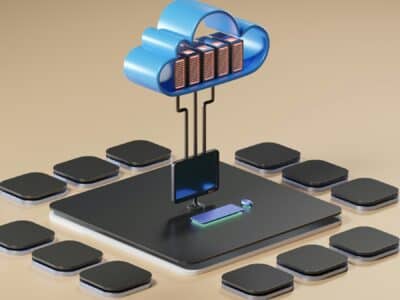 3D illustration showing a central computer workstation connected to cloud servers above, surrounded by multiple connected devices, representing cloud-based ERP hosting infrastructure.