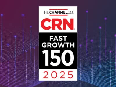 CRN Fast Growth 150 2025 award logo with The Channel Company branding on a dynamic purple and blue digital background featuring geometric patterns and light effects