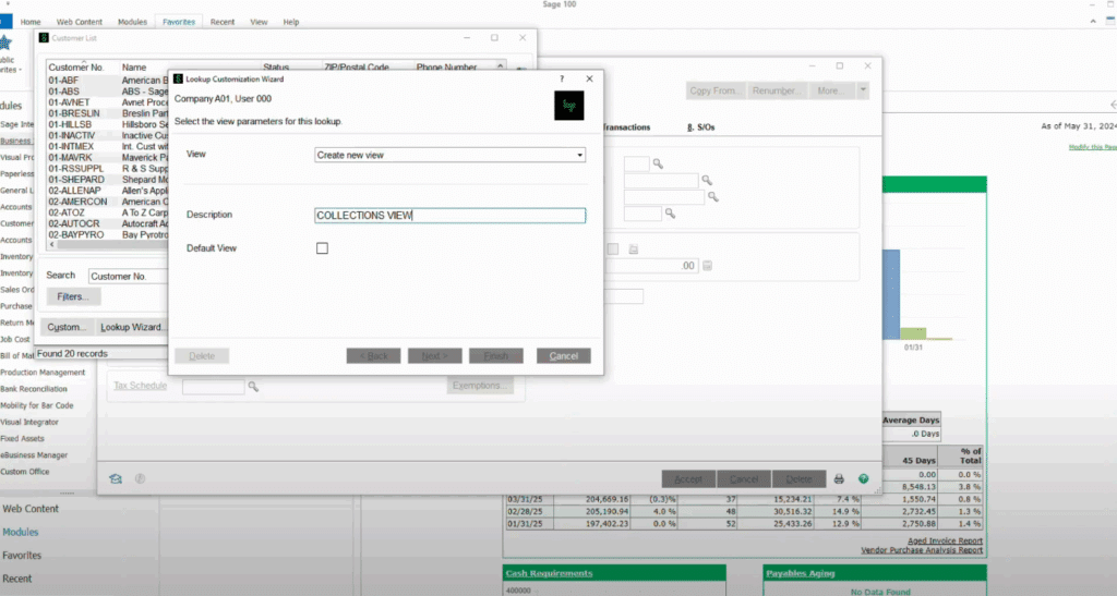 Screenshot of Sage 100 software interface showing the Lookup Customization Wizard dialog box with "COLLECTIONS VIEW" entered in the Description field, customer list visible in background, and dashboard charts on the right side of the screen.