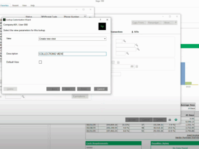 Screenshot of Sage 100 software interface showing the Lookup Customization Wizard dialog box with "COLLECTIONS VIEW" entered in the Description field, customer list visible in background, and dashboard charts on the right side of the screen.