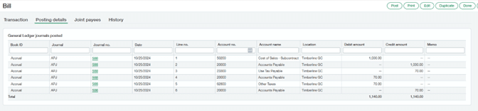  Sage Intacct Bill list view showing multiple journal entries with account details, dates, and amounts.
