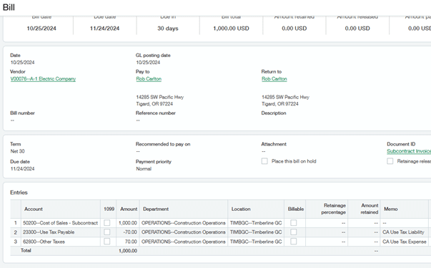 Sage Intacct Bill detail screen showing $1,000 purchase with GL postings including Cost of Sales, Use Tax Payable, and Use Tax Expense entries of $70 each.