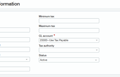 Sage Intacct Tax Detail Information form showing CA Use Tax Liability configuration with -7.00 percent rate, GL account 23000 - Use Tax Payable, and Active status.