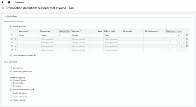 Sage Intacct Subcontract Invoice (Tax-SINV-000239) line item detail view with tax schedule assignments.