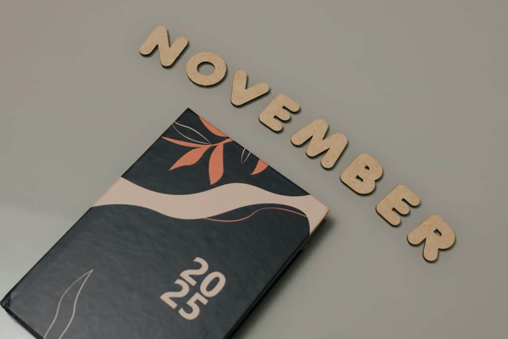 Wooden letters spelling "November" arranged in an arc above a dark notebook with abstract floral design and "2025" on the cover
