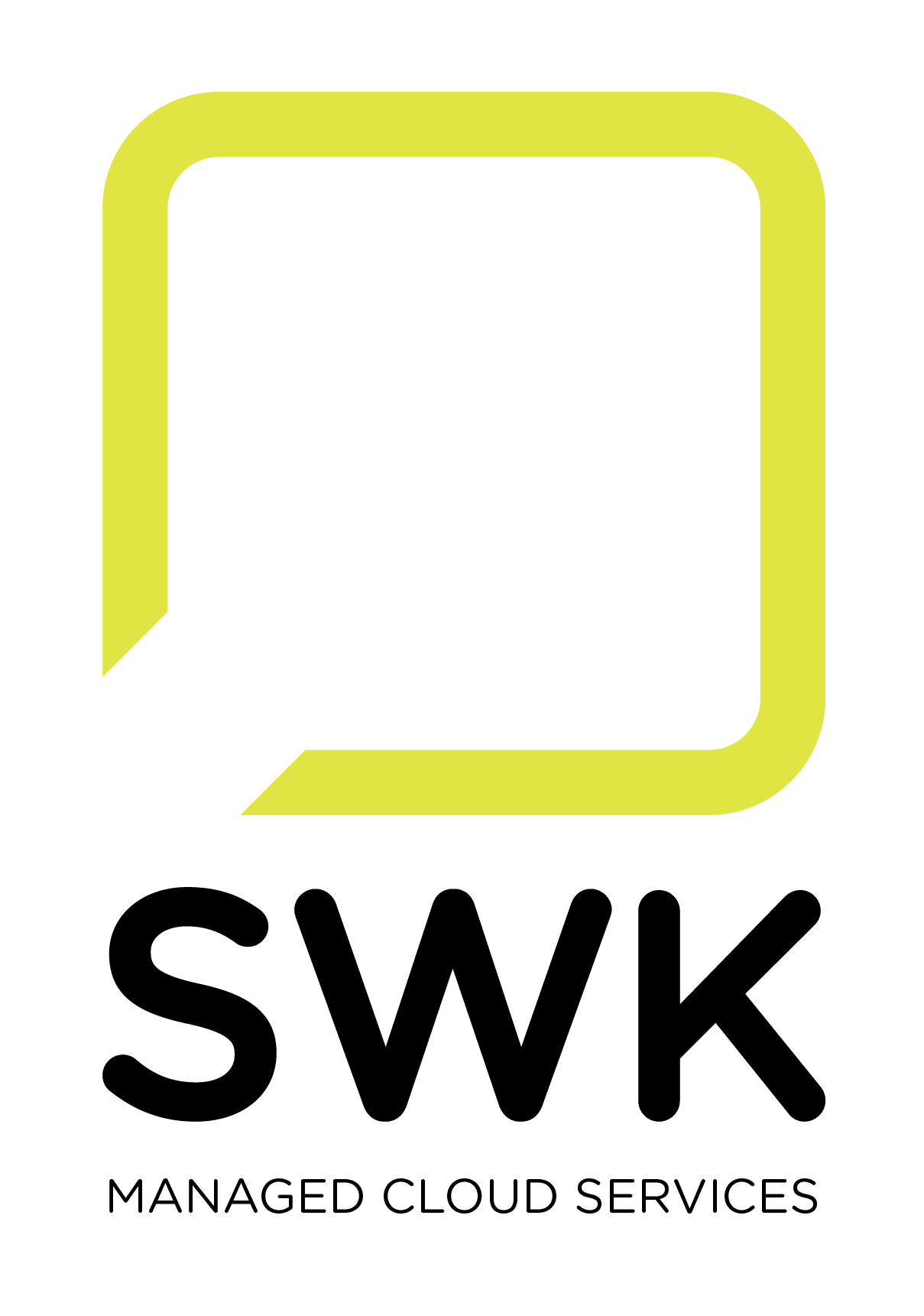 SWK Managed Cloud Services logo featuring a yellow rounded rectangular frame above black text reading "SWK" with "MANAGED CLOUD SERVICES" below.