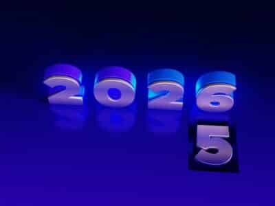 3D metallic numbers displaying 2026 with the number 5 below, representing Acumatica's 2025 year-end closing transition to 2026