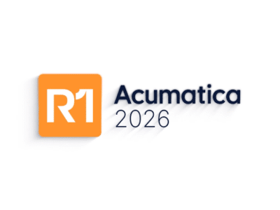 Acumatica 2026 R1 release logo featuring an orange square with white "R1" text next to the Acumatica brand name and "2026" in dark navy type on a white background.