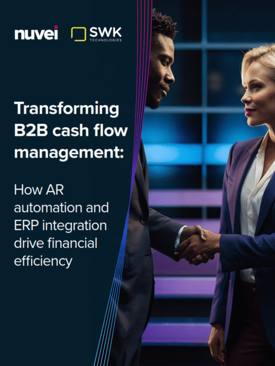 Cover of the Nuvei and SWK Technologies e-book titled "Transforming B2B cash flow management: How AR automation and ERP integration drive financial efficiency," showing two people in business attire shaking hands against a dark blue background.